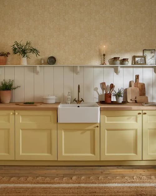 kitchen room set of daisyfield creme brulee wallpaper and creme brulee paint