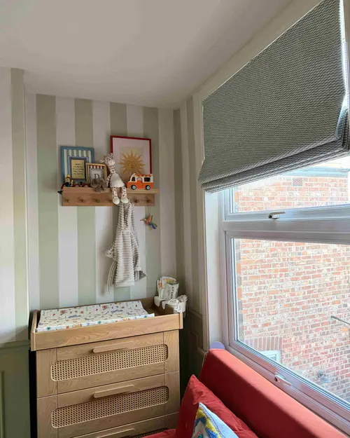 childrens room with tessea sky blind and quartet stripe wallpaper