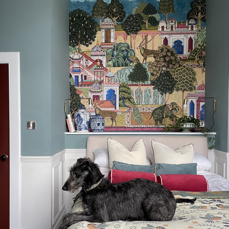 Roomset of childrens room with cot featuring both foundry stripe wallpaper and forge stripe wallpaper