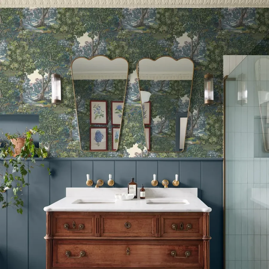 bodenham heritage green wallpaper in a bathroom