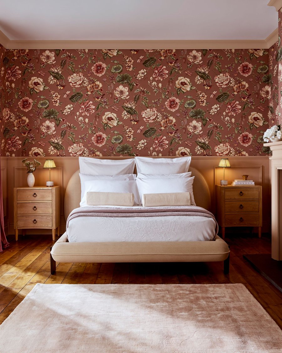 Roselle Grove Dusky Pink floral wallpaper A/B roll design in a bedroom setting