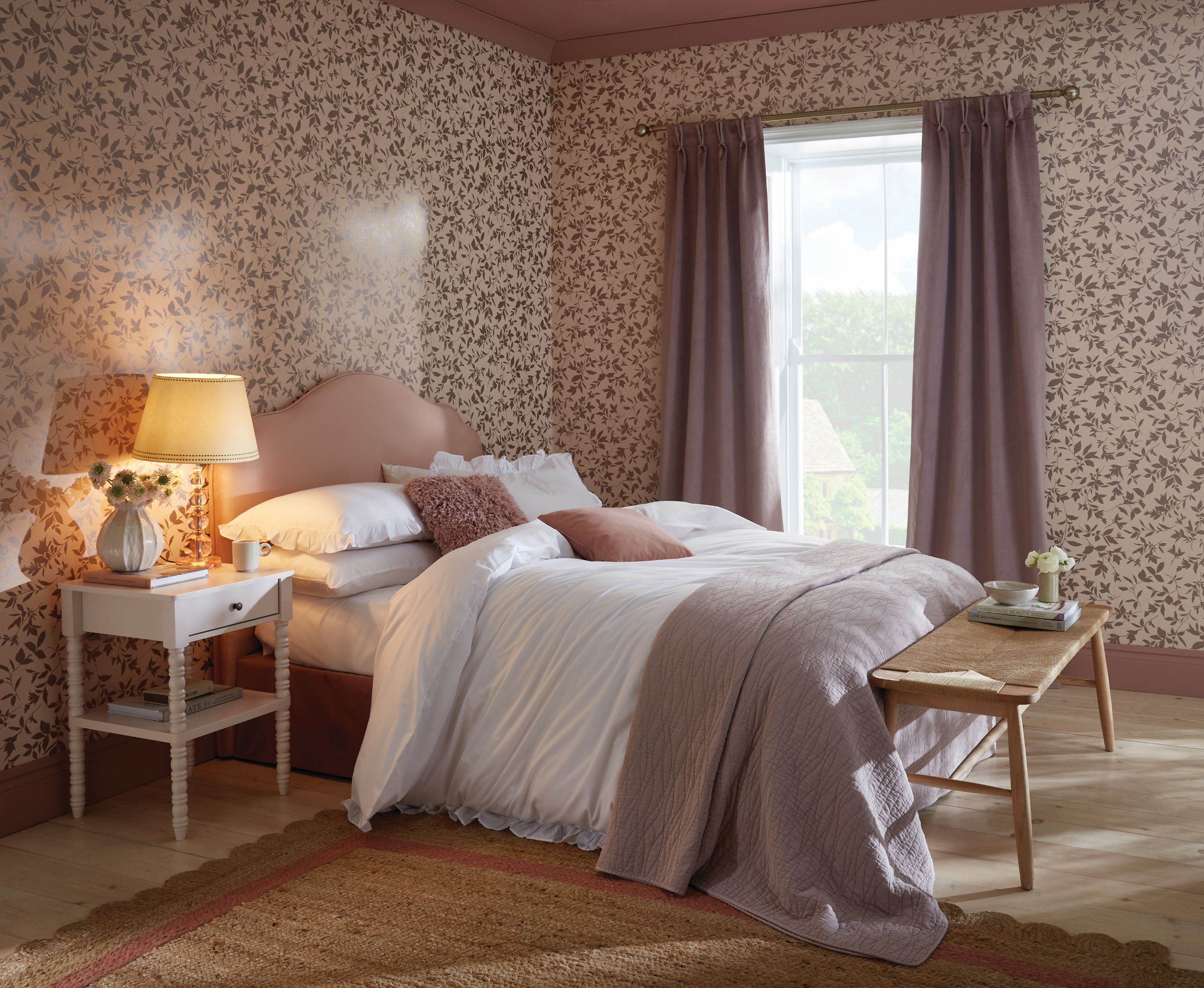 Midsummer Whispering Rose wallpaper with Munchkin's Nose paint in a bedroom setting