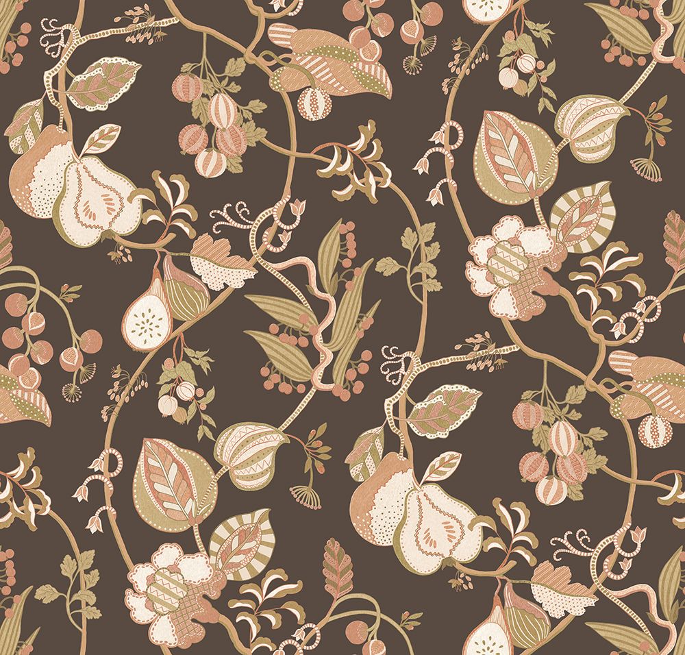 Orchard Tapestry Chocolade behangontwerp detail