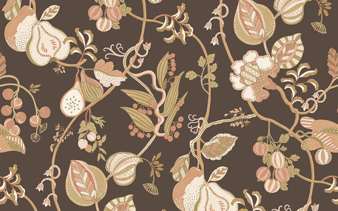 Orchard Tapestry Chocolade behangontwerp detail