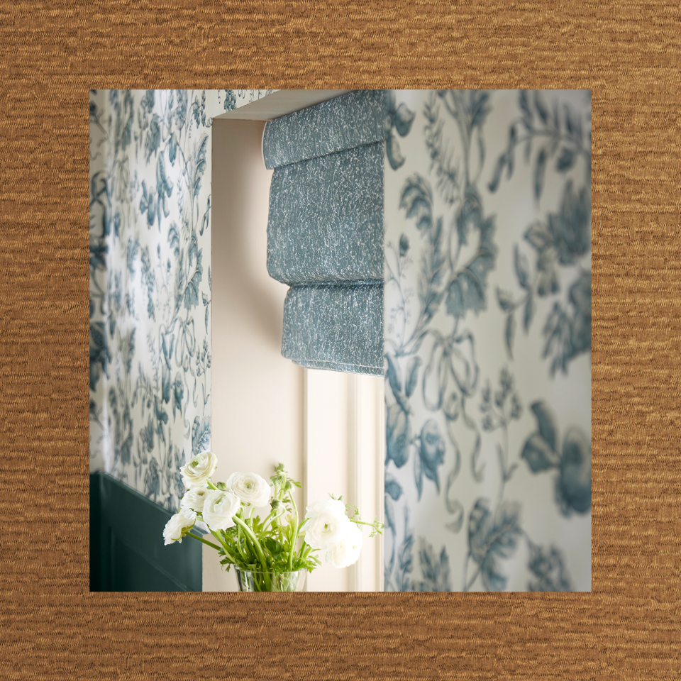 Celeste Denim roman blind and Ethereal Copper fabric moodboard imagery