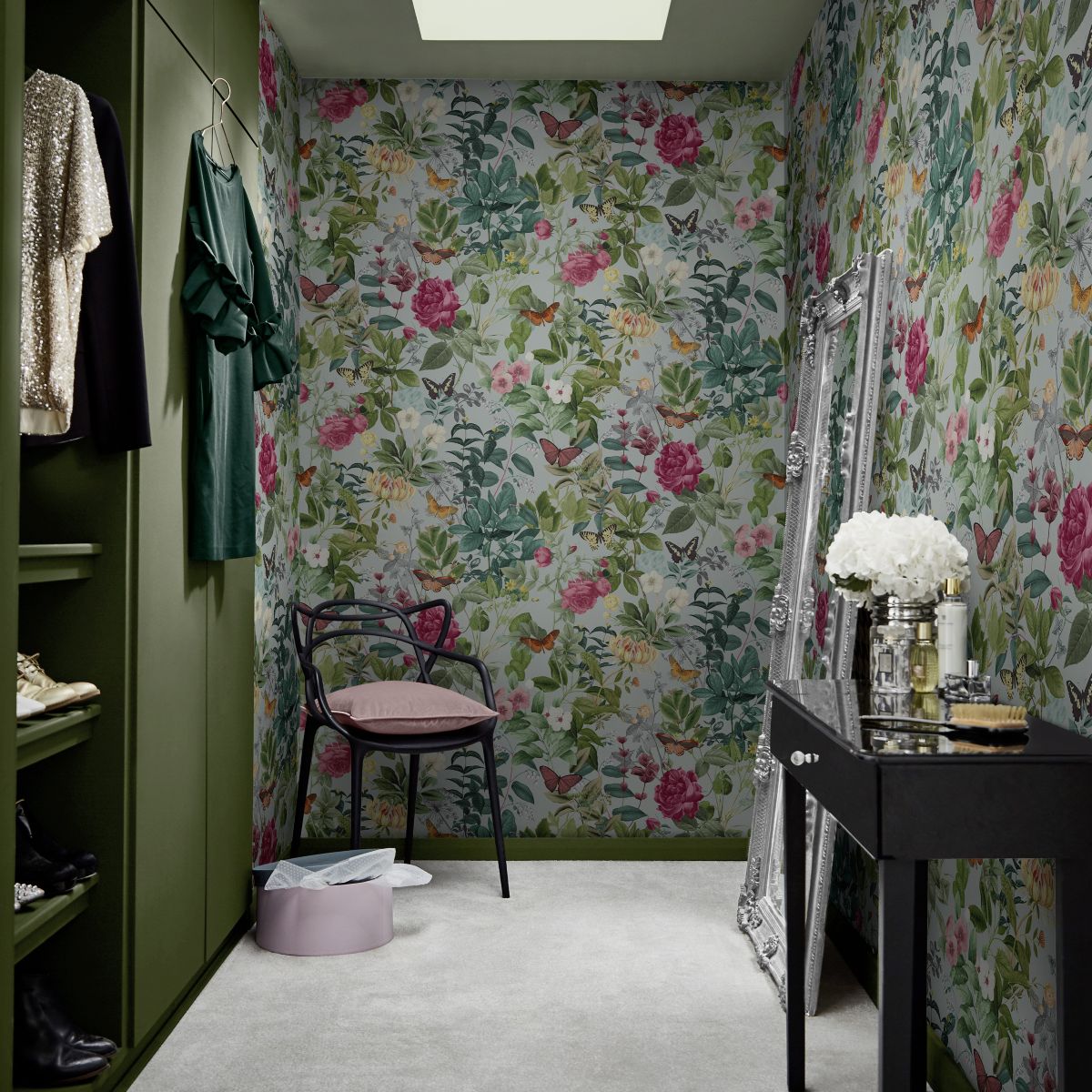 Bodnant Garden Duck Egg wallpaper in a dressing room setting