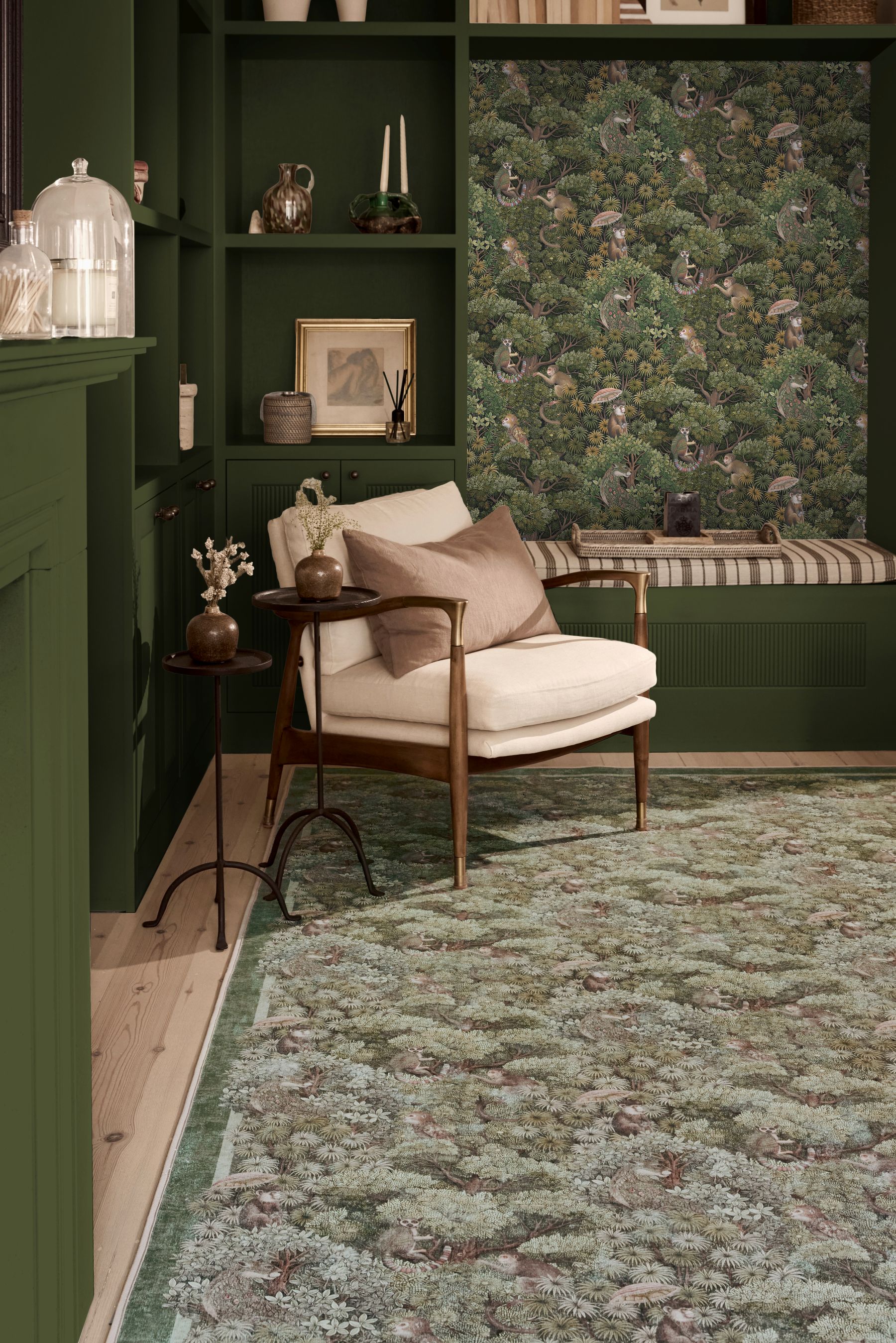 Treetop Troop Green run in a living room setting coordinated with Treetop Troop wallpaper 