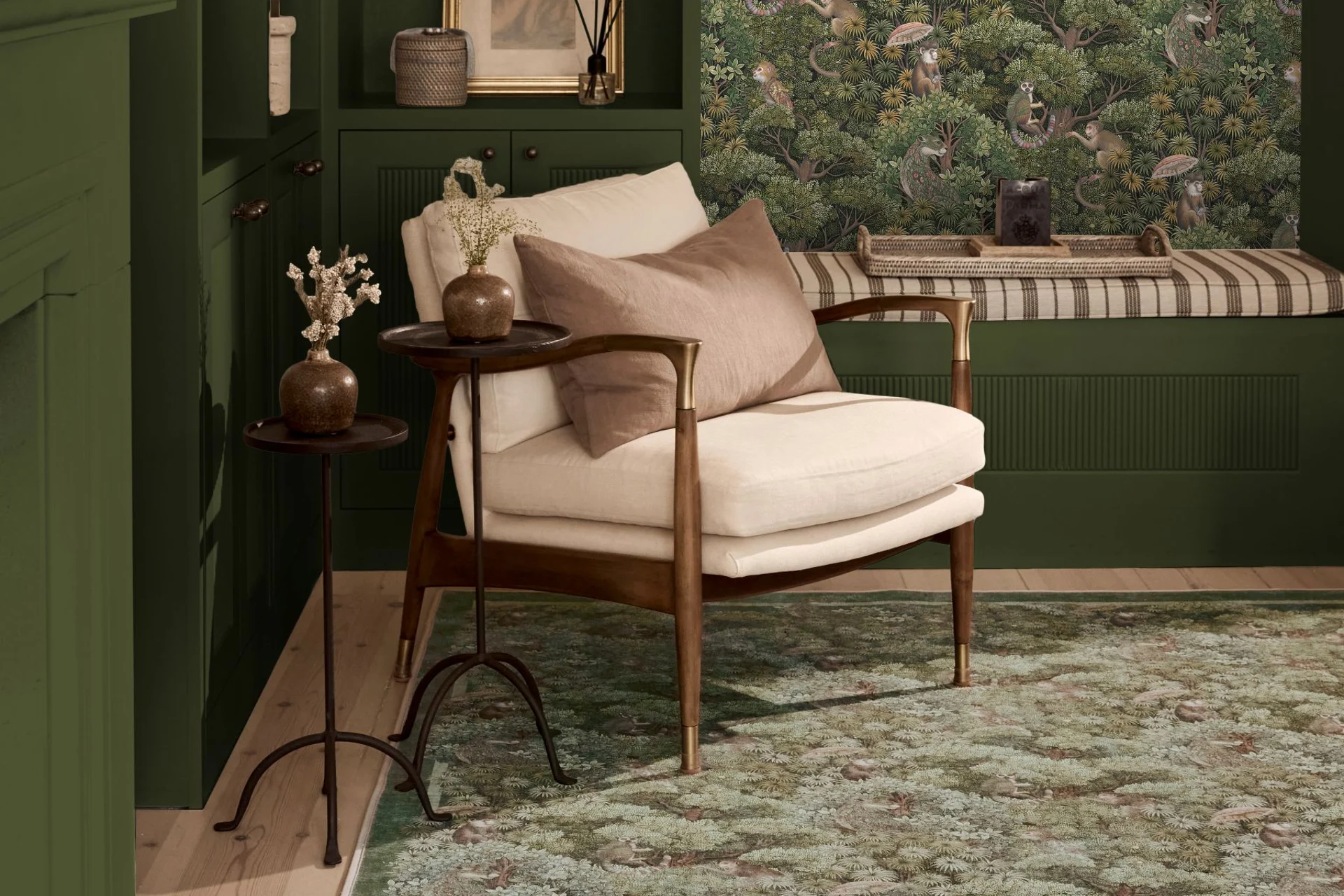 Treetop Troop Green run in a living room setting coordinated with Treetop Troop wallpaper
