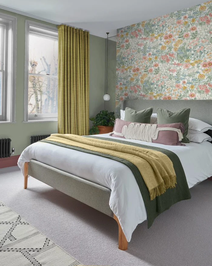 Room set images of bedroom featuring wallflower day wallpaper