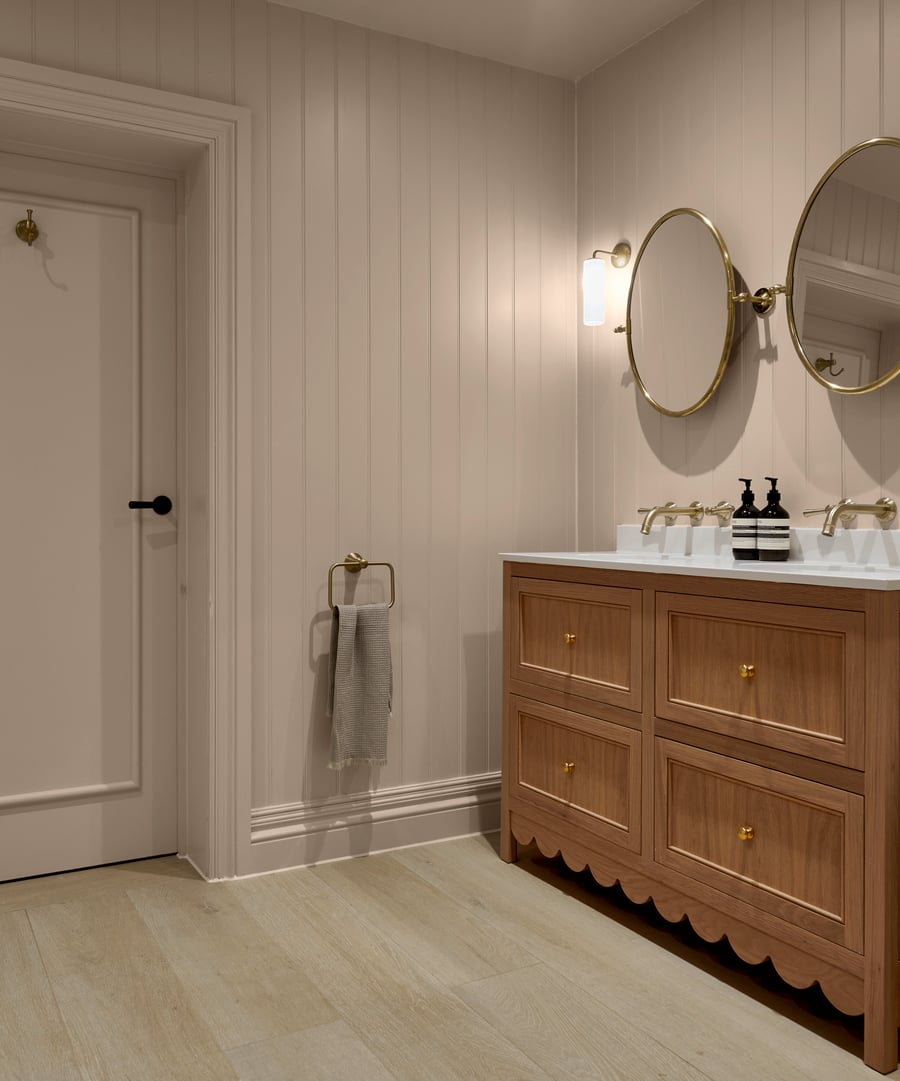 Bathroom panelling finished in Whispering Rose eggshell paint