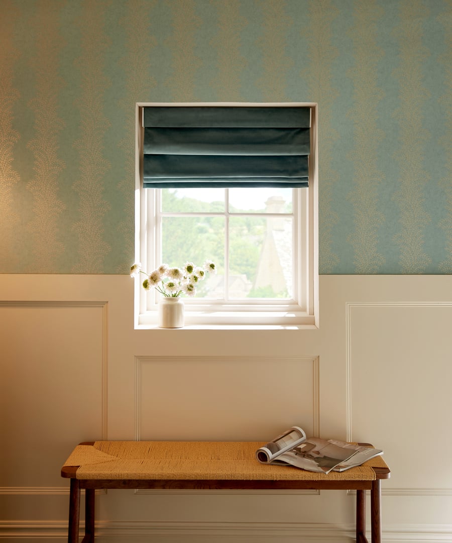 Opulence Spearmint roman blind in a hallway area