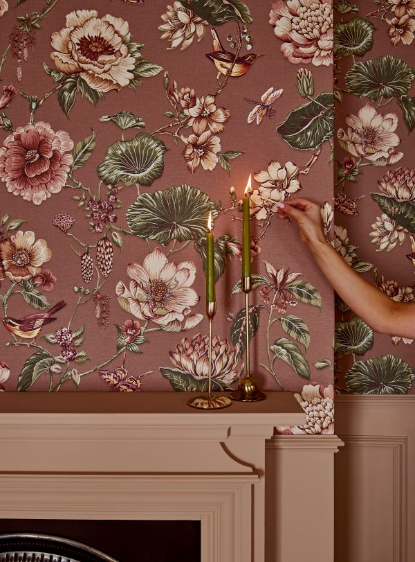 Roselle Grove Dusky Pink A/B Wallpaper Design on a chimney breast with Rose Earth painted mantelpiece