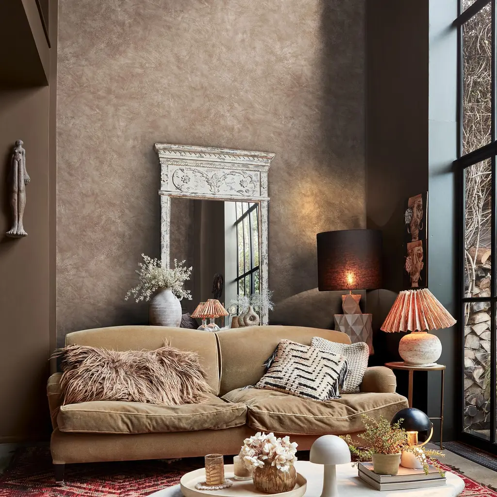 Roomset featuring sofa, lamps and decorated coffee table with Abigail Ahern Urbanite Tadelakt ground wallpaper