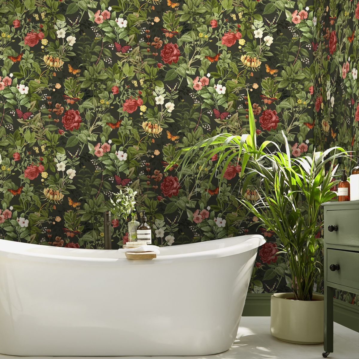 Bathroom setting with Bodnant Garden Forest on the walls