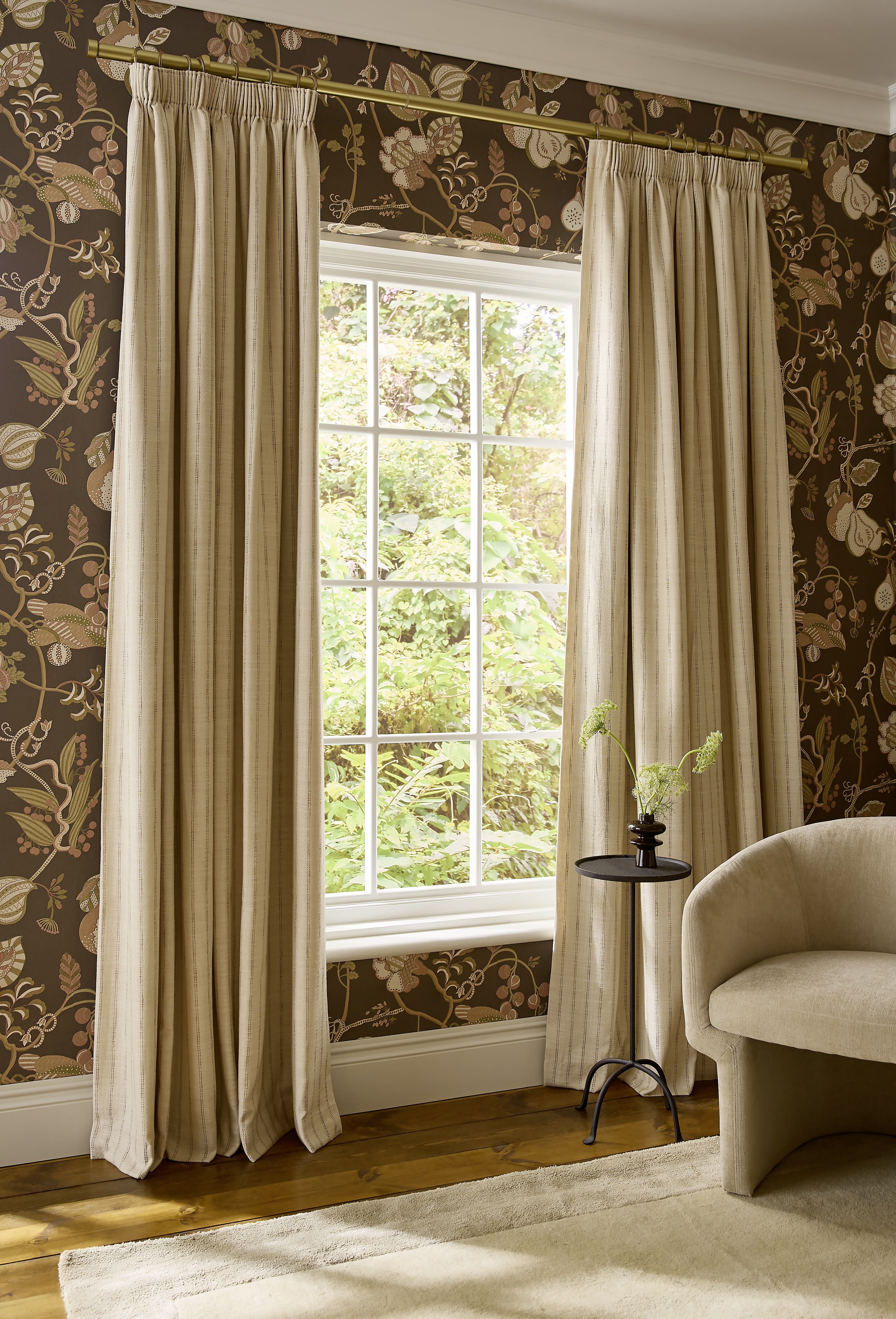 Soft Limestone Curtain with Orchard Tapestry Chocolate Wallpaper in a bedroom setting