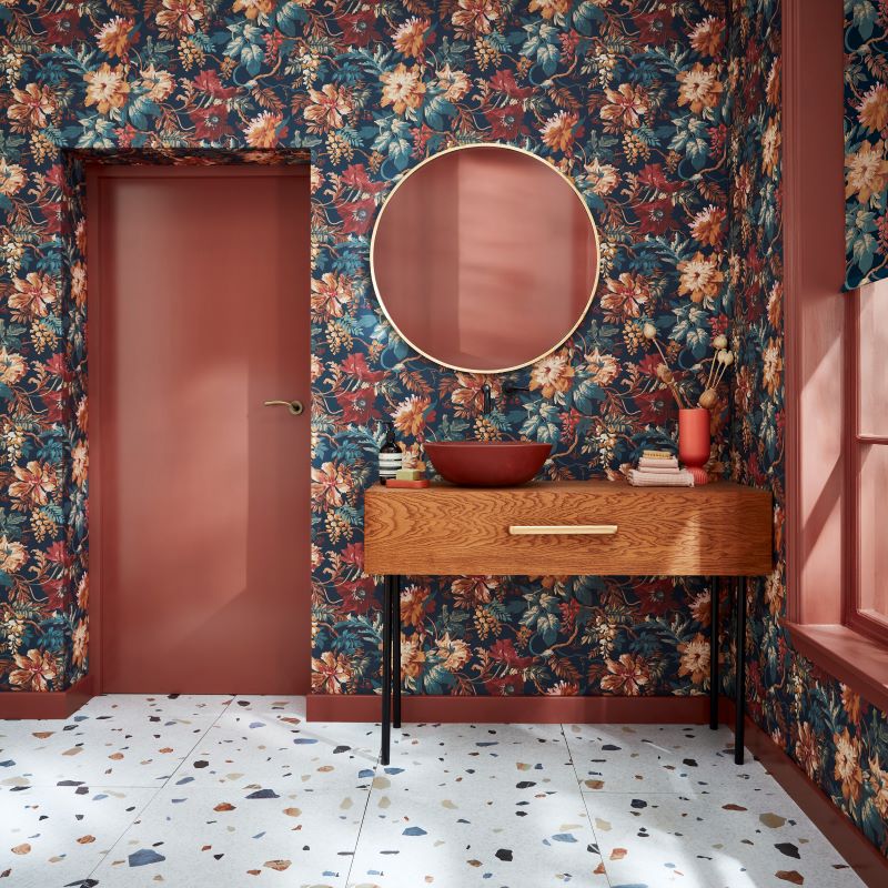 Florenzia Dusk Wallpaper in a hallway partnered with Alizarin paint on the door and woodwork