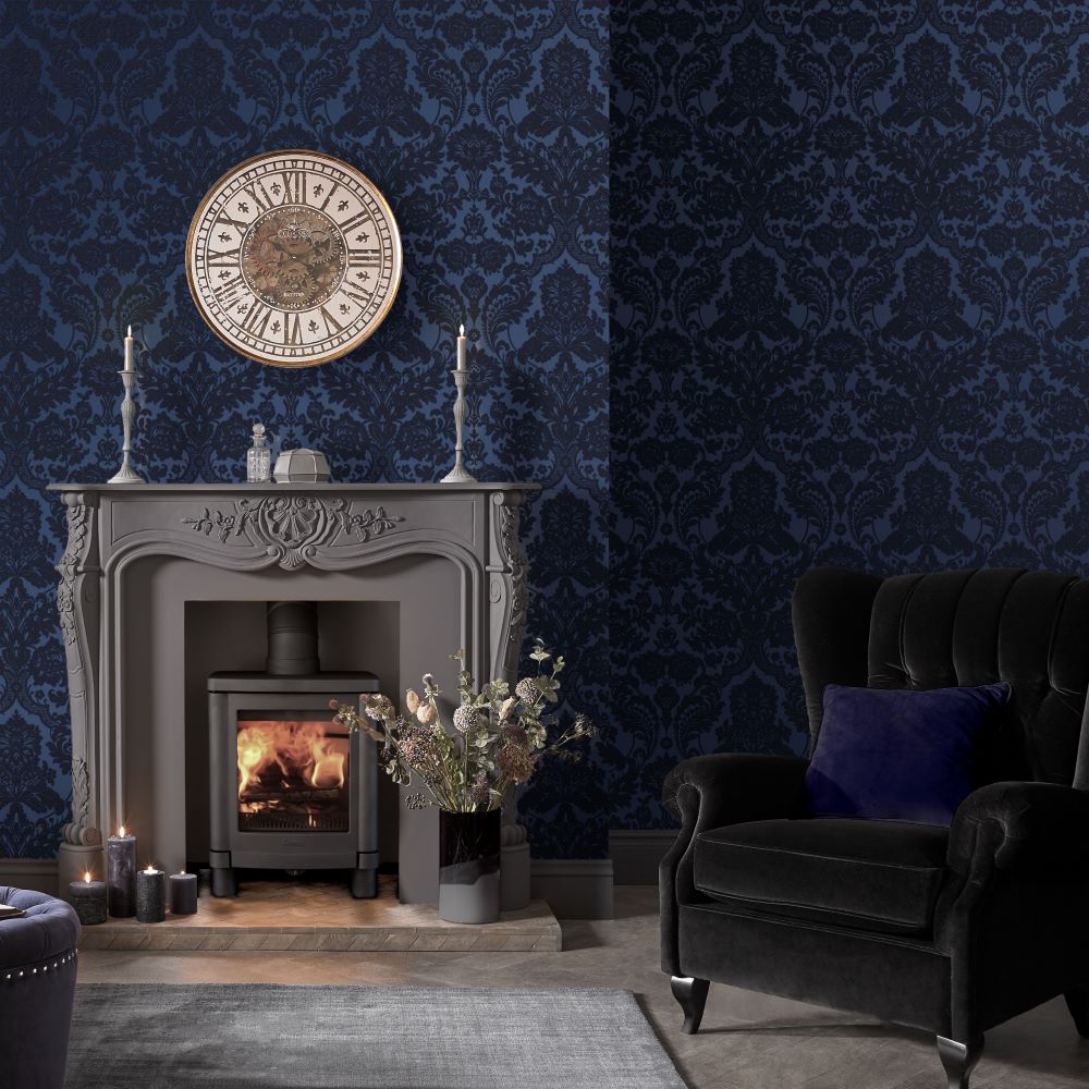 Gothic Damask Flock Cobalt Wallpaper