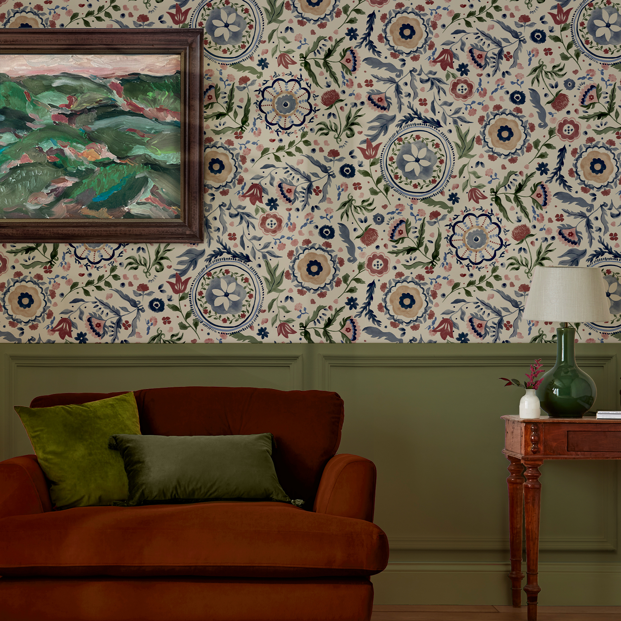 Joules Festival Flowers wallpaper in a living room with settee
