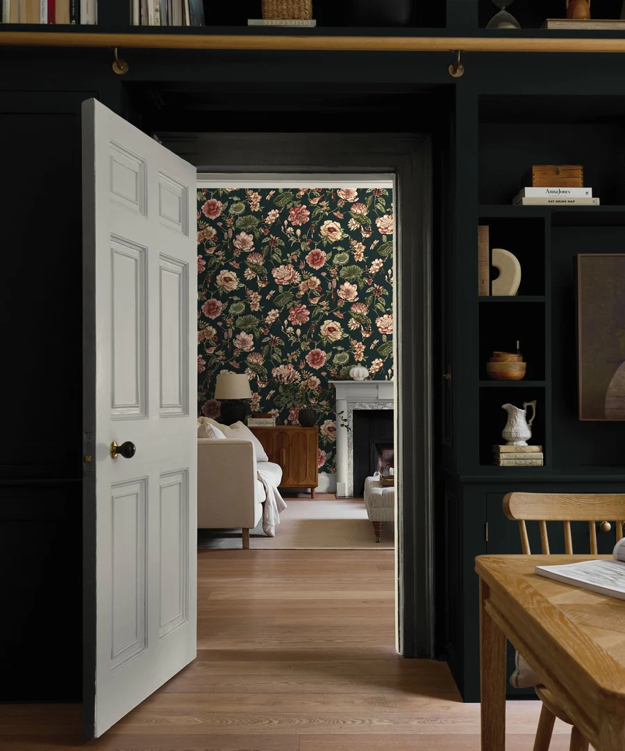 Kitchen roomset with Kelp paint and roselle grove wallpaper in petrol
