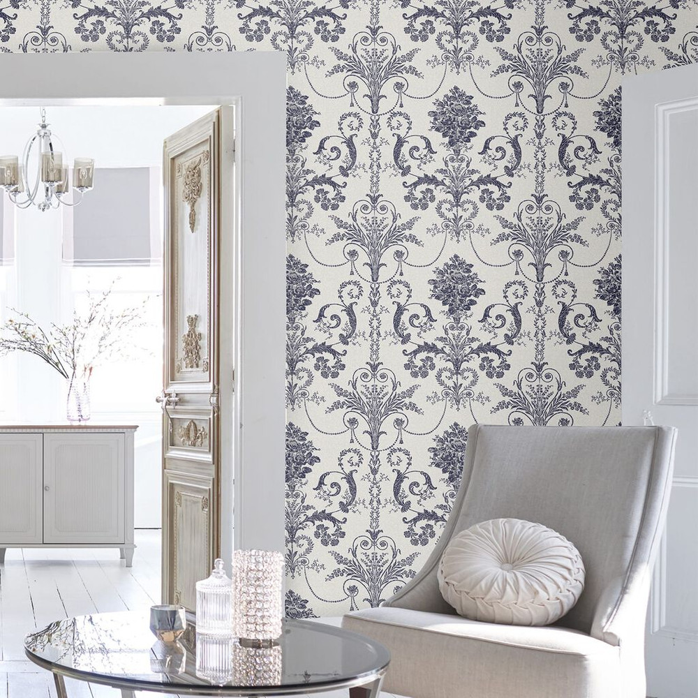 Laura Ashley Josette Off White & Midnight Wallpaper in a living room