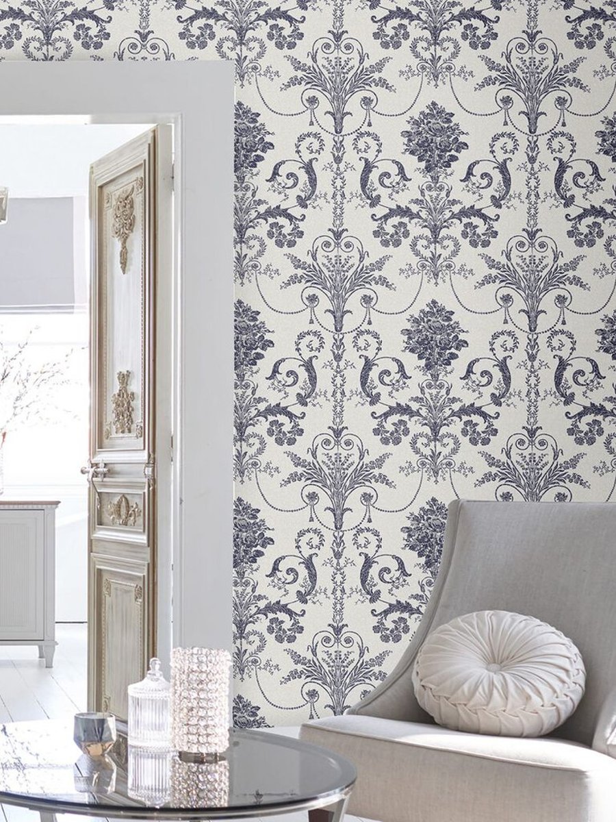 Laura Ashley Josette Off White & Midnight Wallpaper in a living room