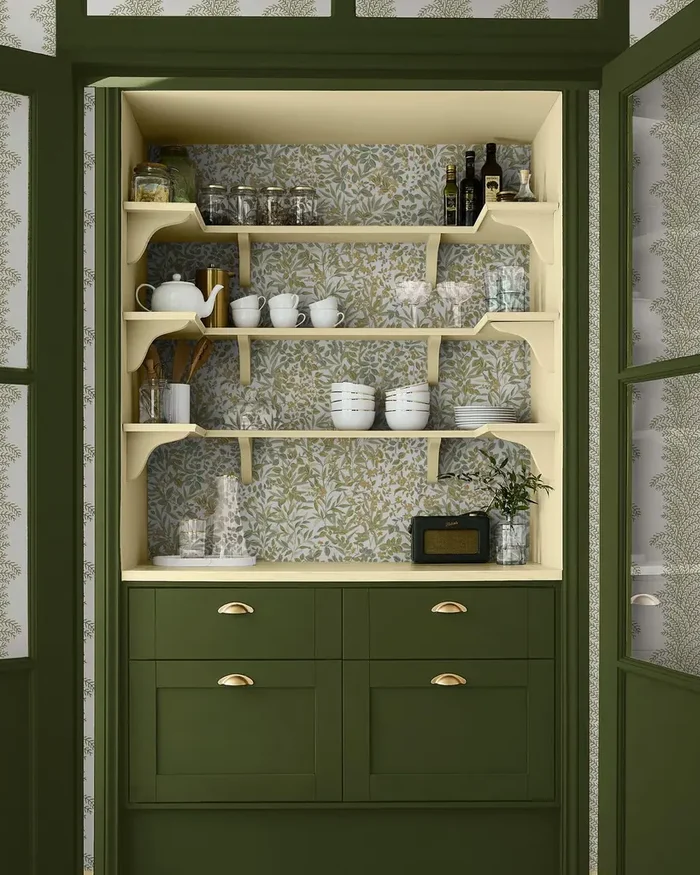 roomset featuring kitchen cupboard with reverie wallpaper and forest paint