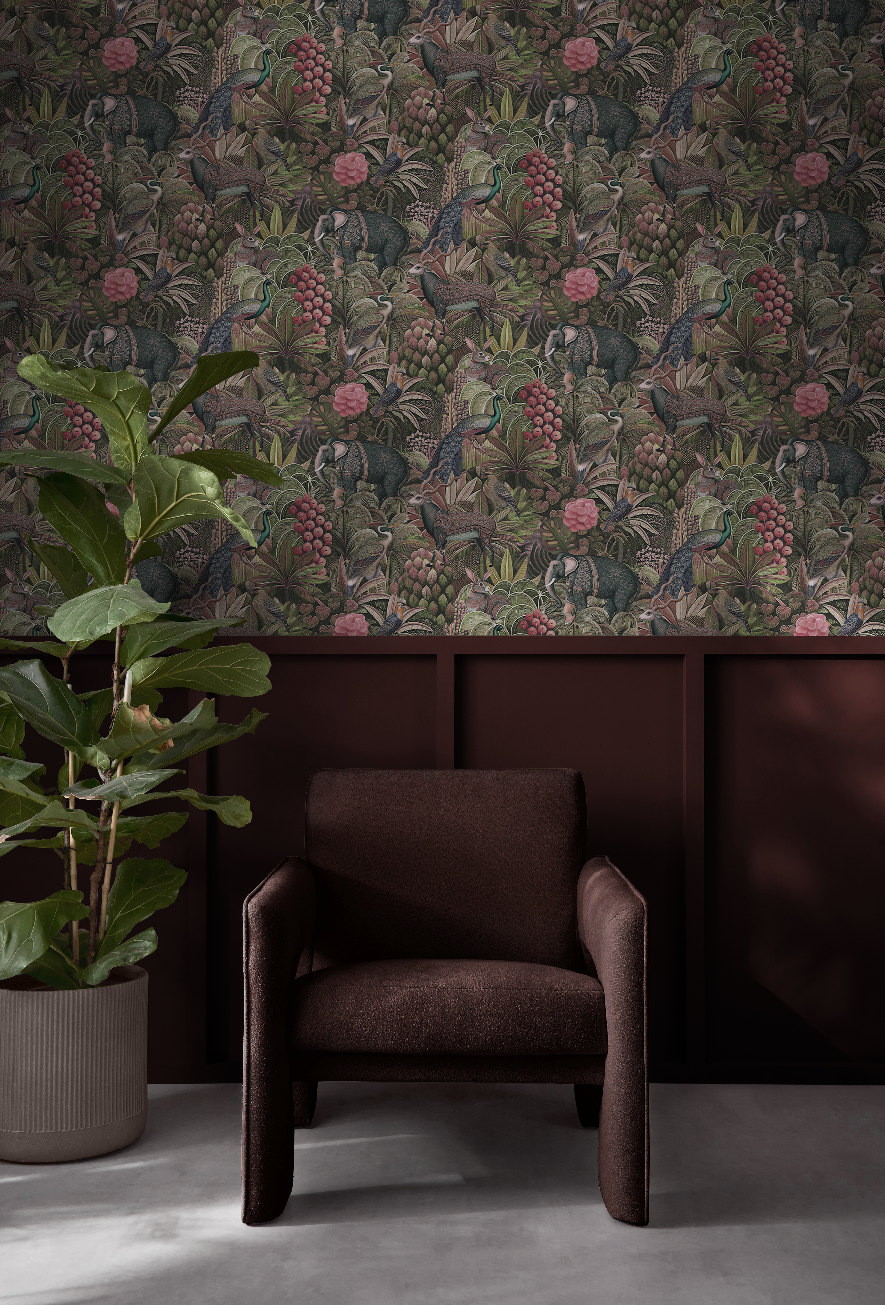 Jungle Jamboree wallpaper partnered with Divine Damson paint in living room setting