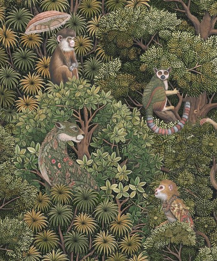 Treetop Troop Green Wallpaper detail image featuring whimsical creatures including monkeys, lemurs, and a quietly camouflaged leopard, each one perched, peeking, or playfully observing from their leafy hideouts. The backdrop is a dense layering of palms, figs and tropical foliage in rich greens, ochres and deep charcoals, creating both depth and discovery.