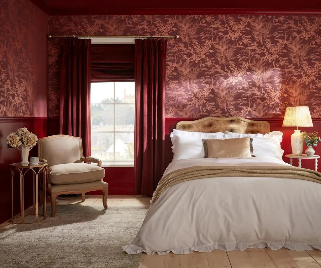 Bedroom room set of mystic wallpaper and divine damson curtains