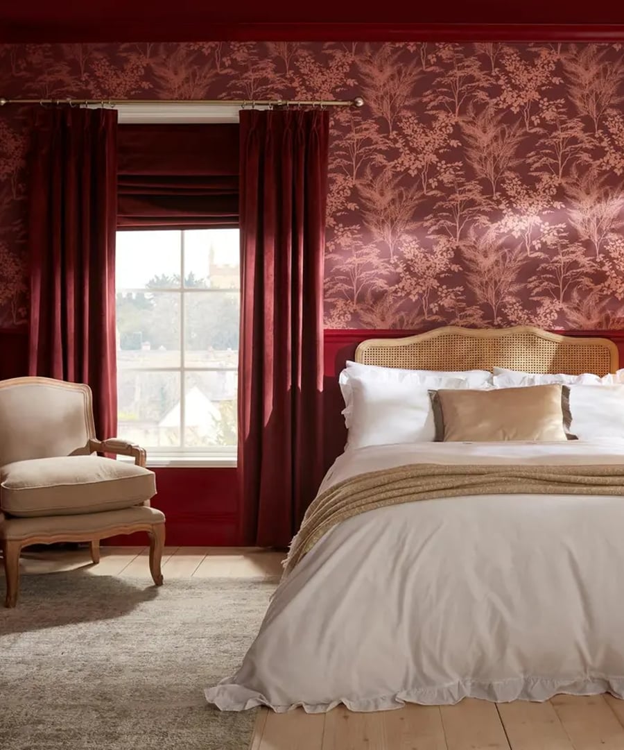 Bedroom room set of mystic wallpaper and divine damson curtains