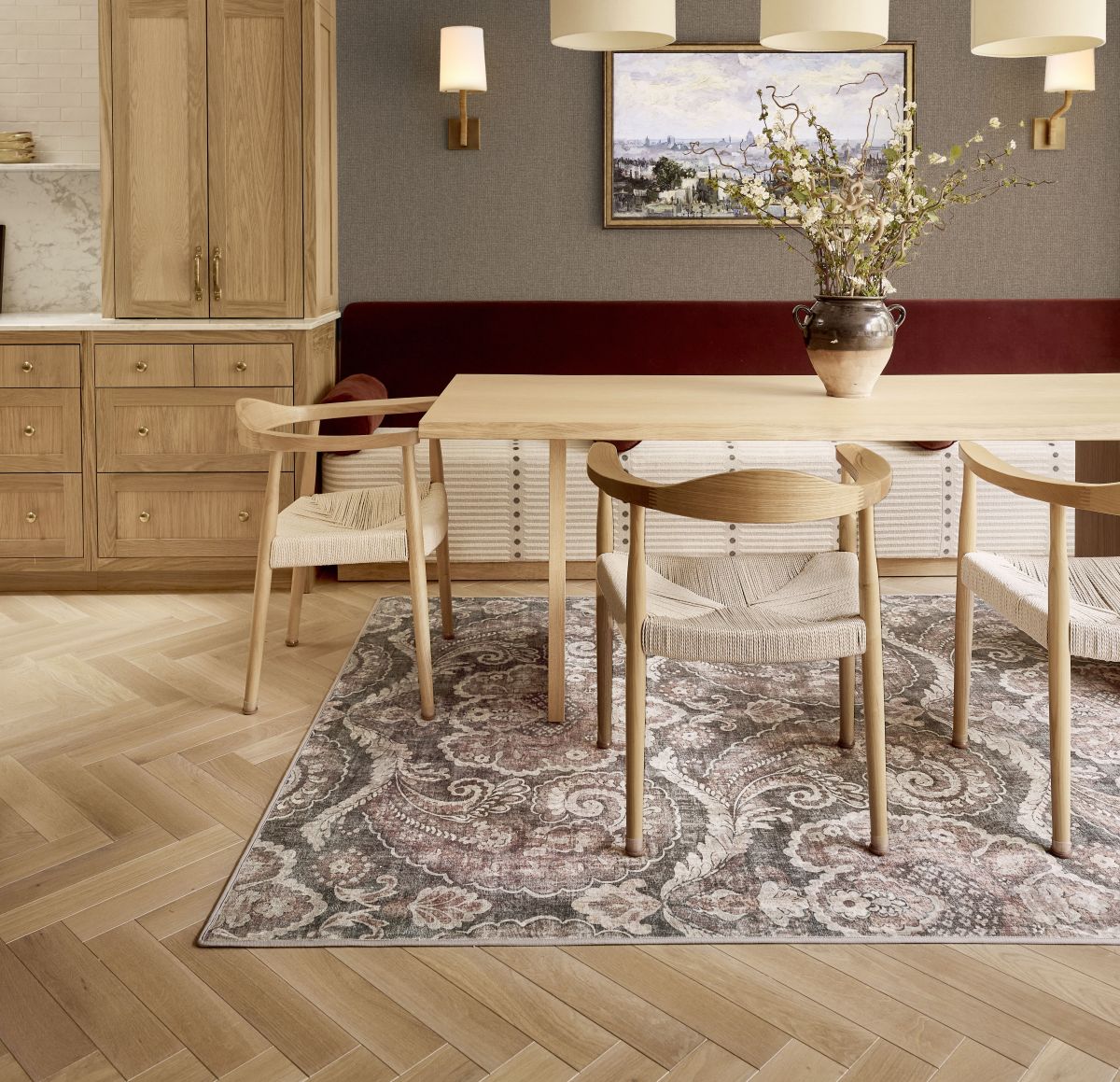 Paisley Tapestry Smoke rug in a dining room setting