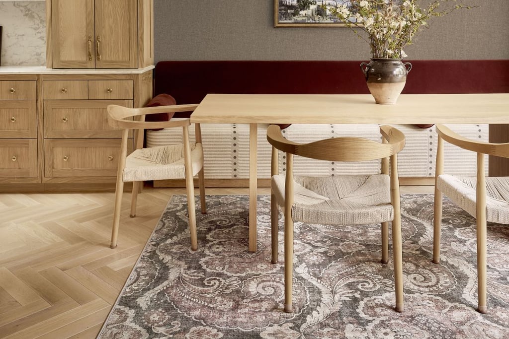 Paisley Tapestry Smoke rug in a dining room setting