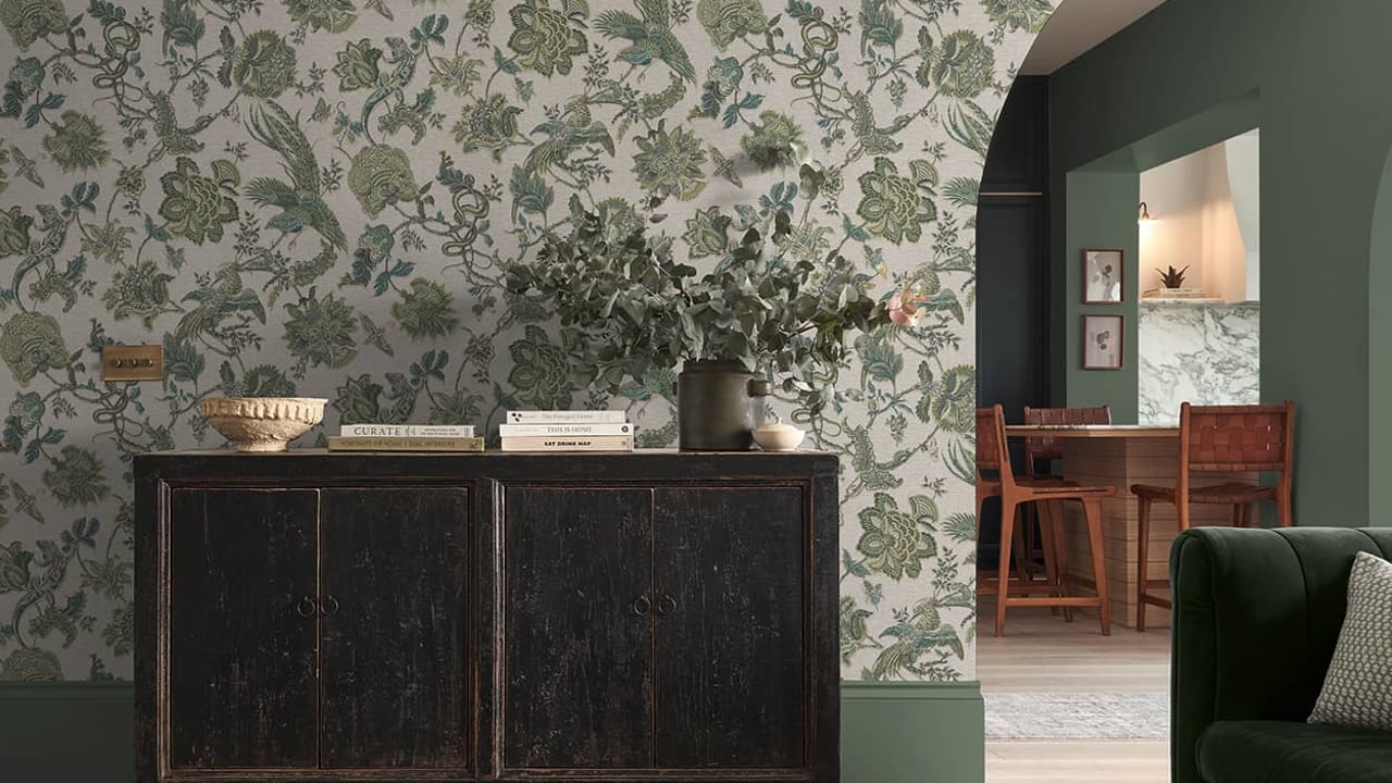 Eternal Weave Sage Wallpaper in a hallway setting