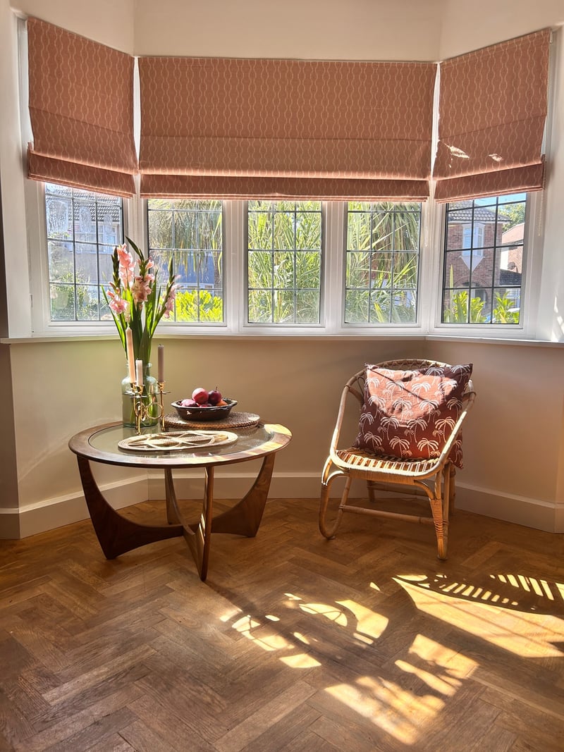 Rustic Ikat Clay roman blind in a customer's living room