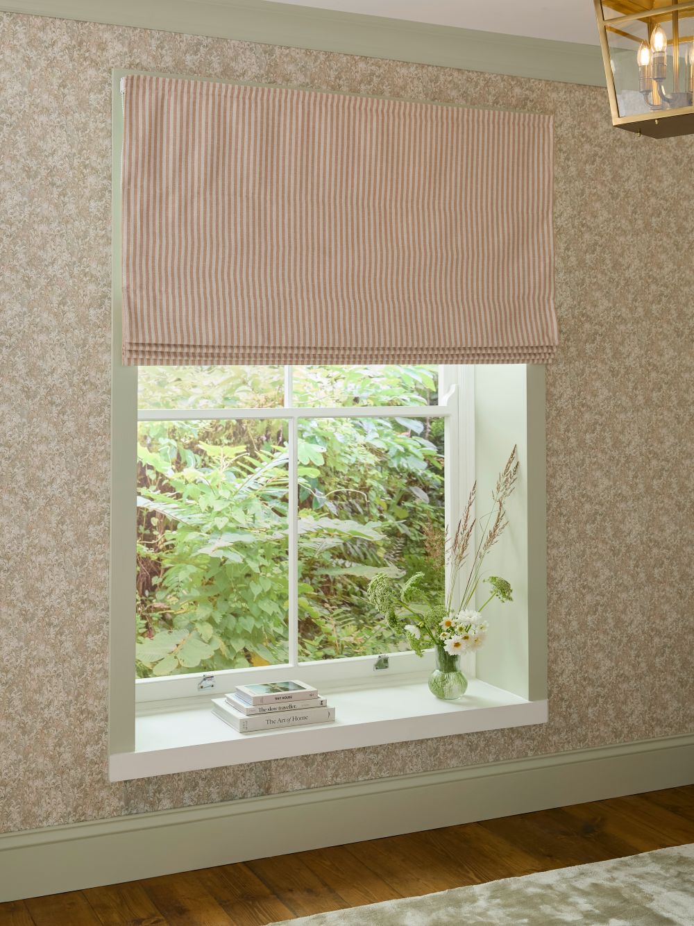 Elara Stripe Dusky Pink roman blind partnered with Marbre Soft Sage wallpaper