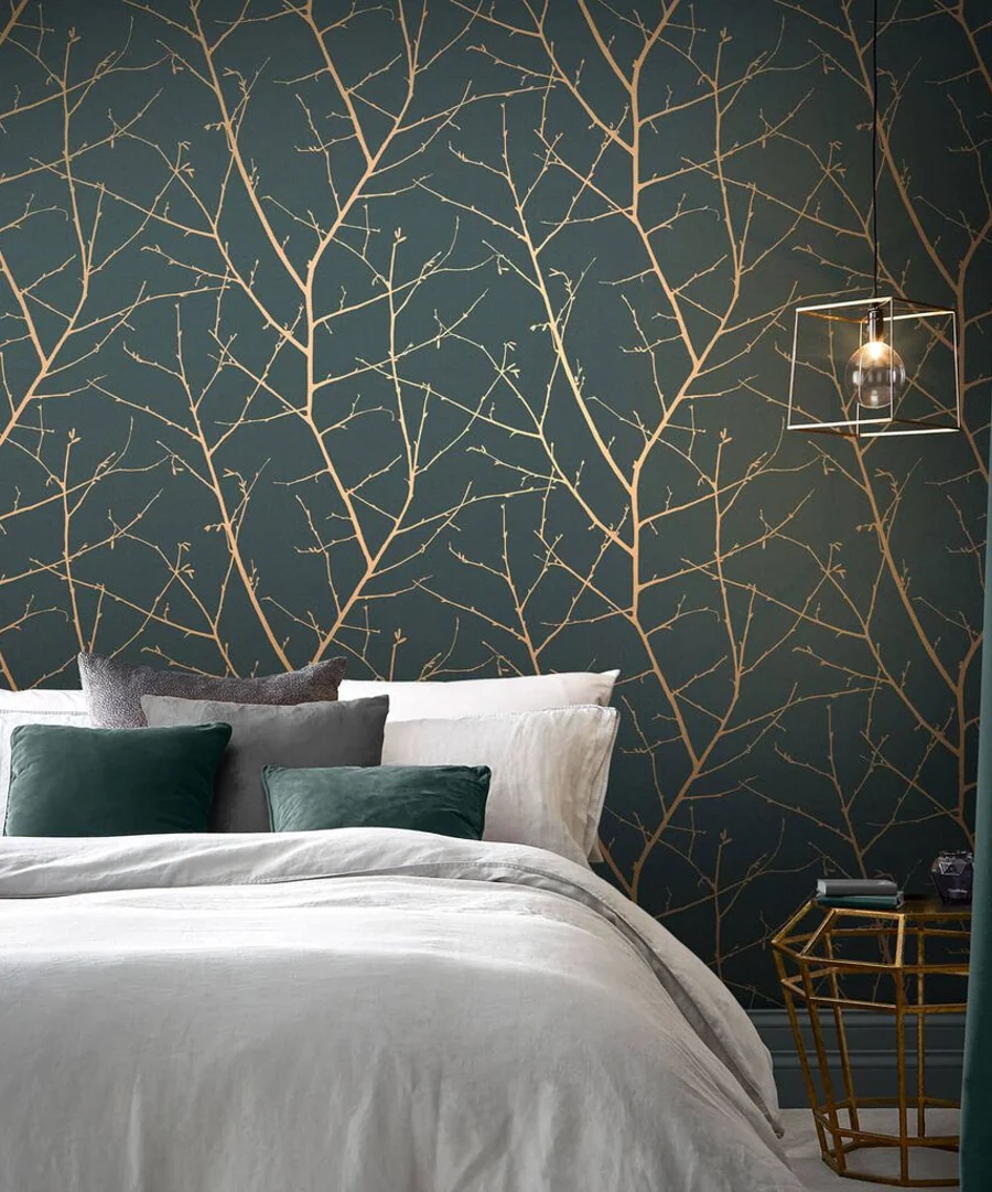 Boreas Teal & Copper Wallpaper in a bedroom