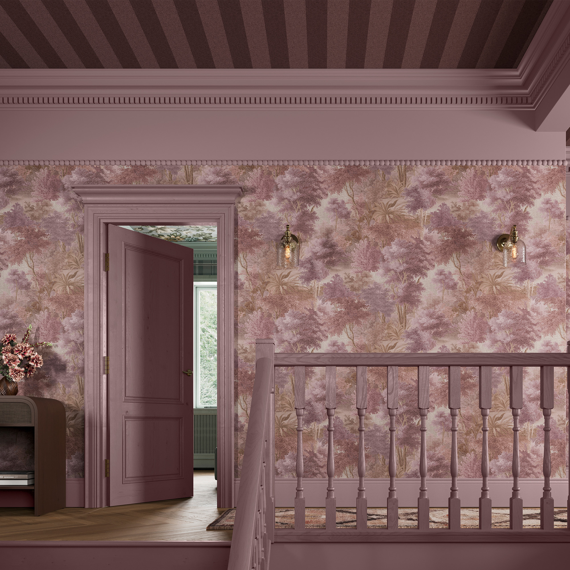 Superfresco Easy Sylva Thistle Wallpaper on a top landing with staircase