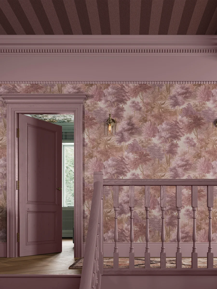 Superfresco Easy Sylva Thistle Wallpaper on a top landing with staircase