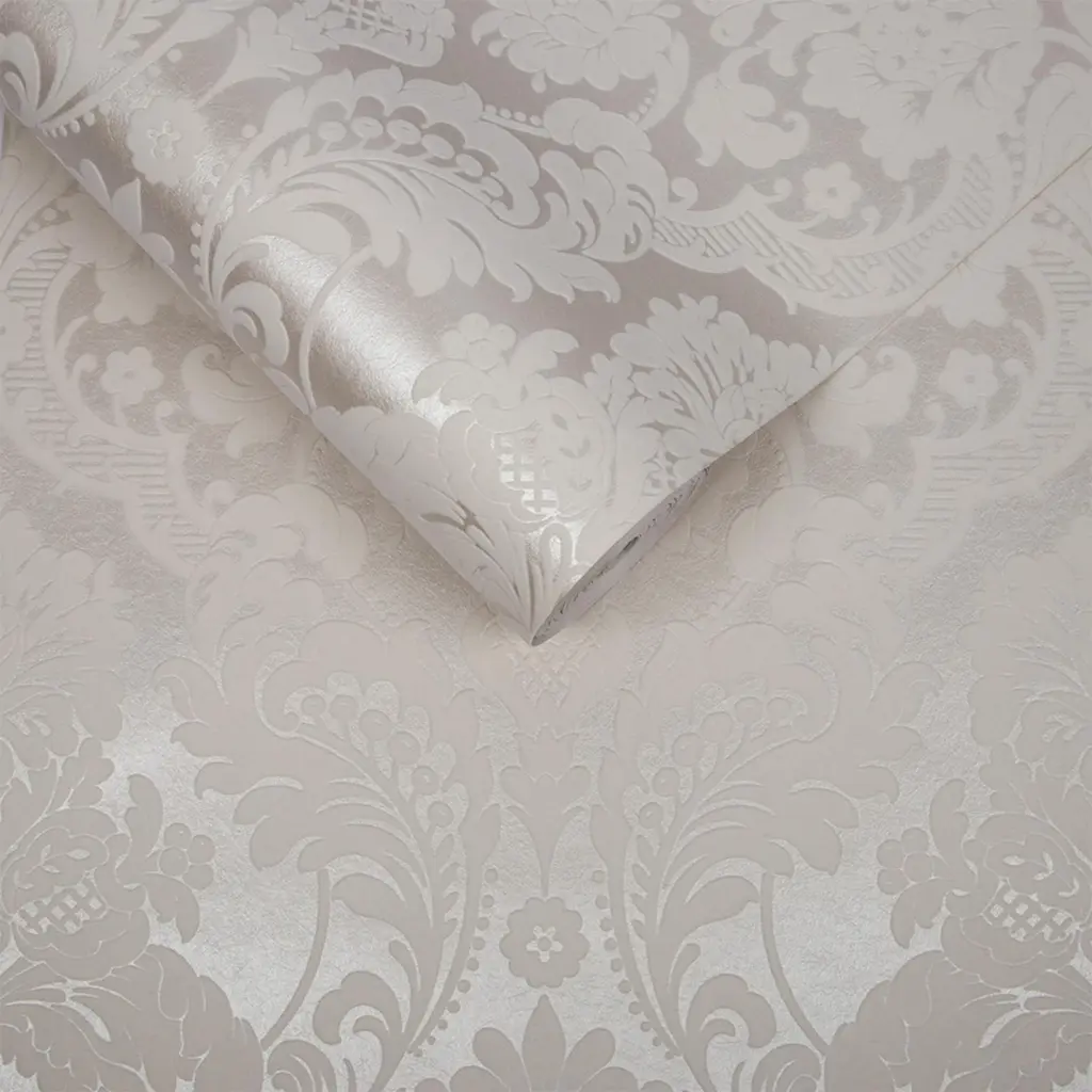 Close up detail shot of Gothic Damask Flock White Wallpaper