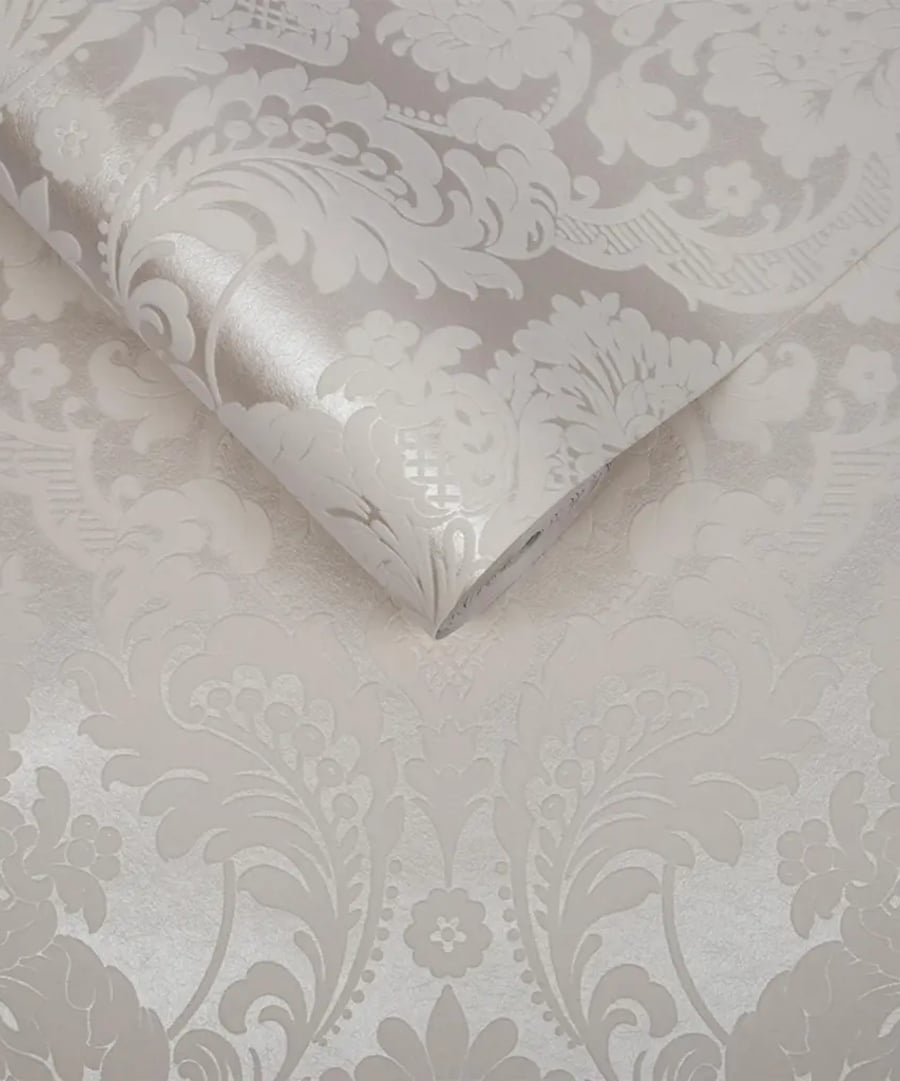 Close up detail shot of Gothic Damask Flock White Wallpaper