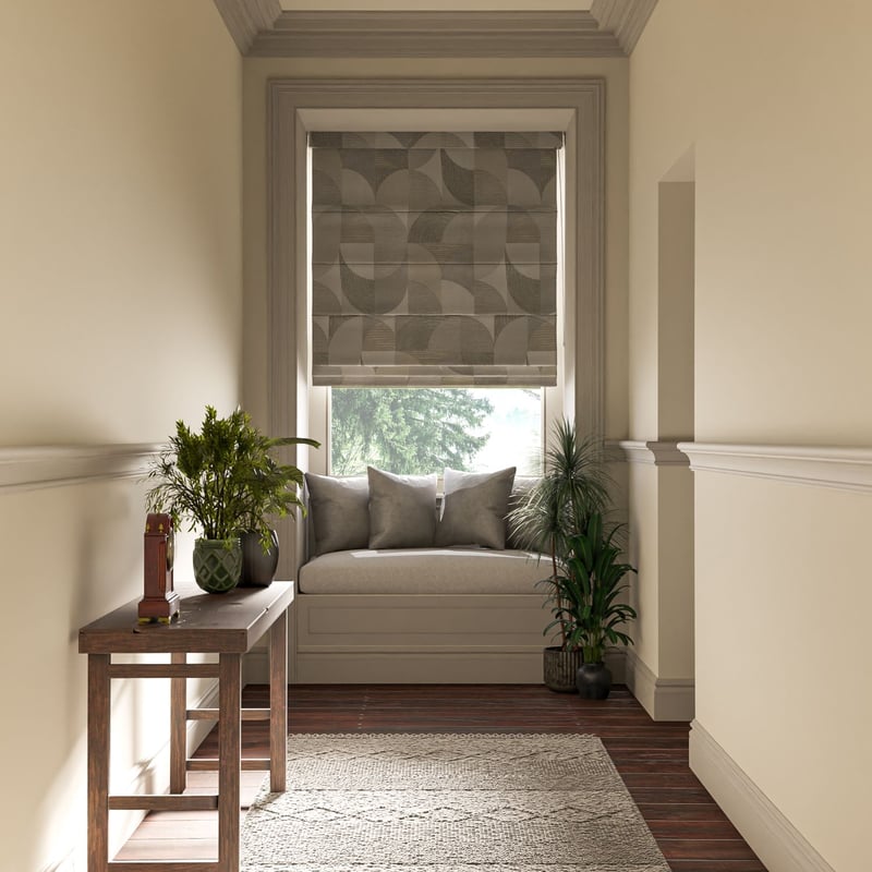 Stitched Craze roman blind in a hallway
