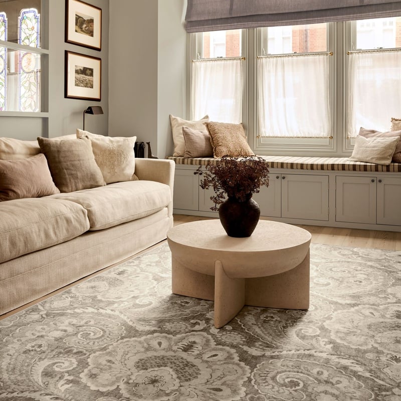 Paisley Tapestry Linen Rug in a living room setting