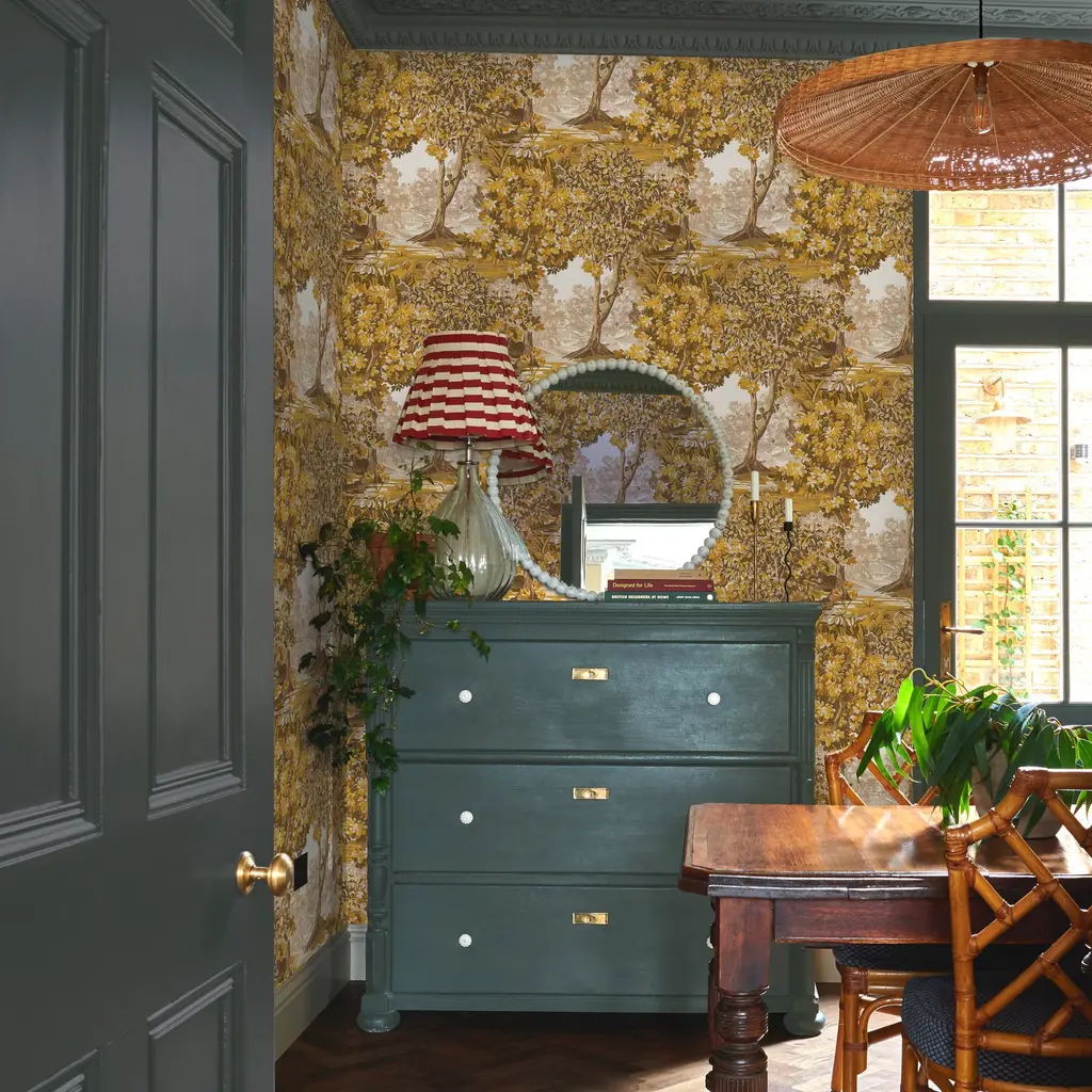 Roomset with dining room and drawers featuring bodenham autumn wallpaper