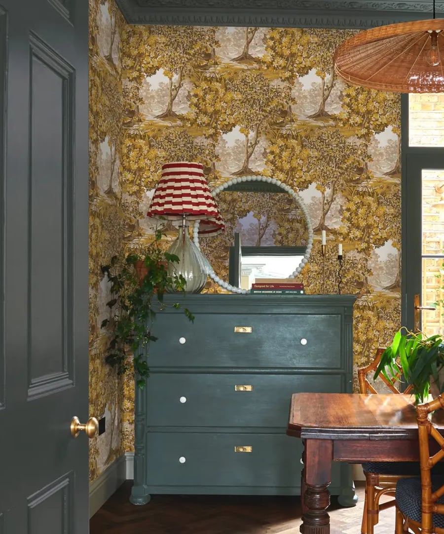 Roomset with dining room and drawers featuring bodenham autumn wallpaper