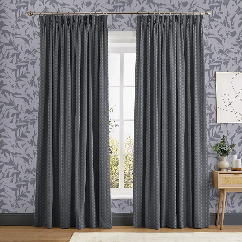 Image of shadow play denim wallpaper and rustic ikat denim curtains