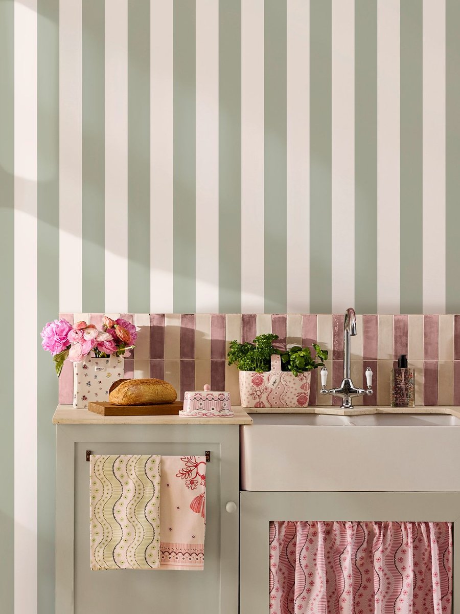 Cath Kidston Canopy Stripe Sage Wallpaper in a kitchen with sink and cupboards