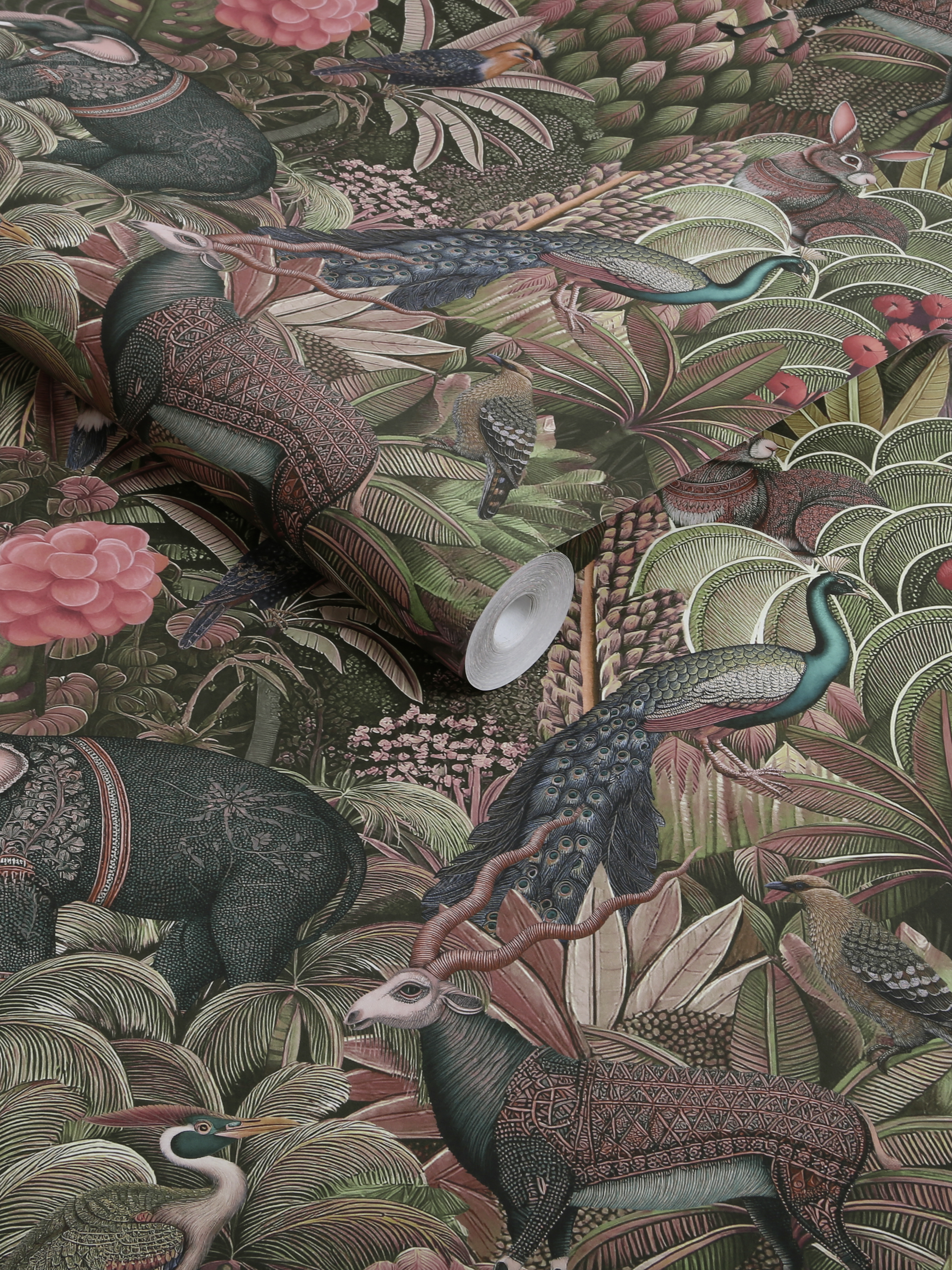 Jungle Jamboree Damson Wallpaper roll shot 