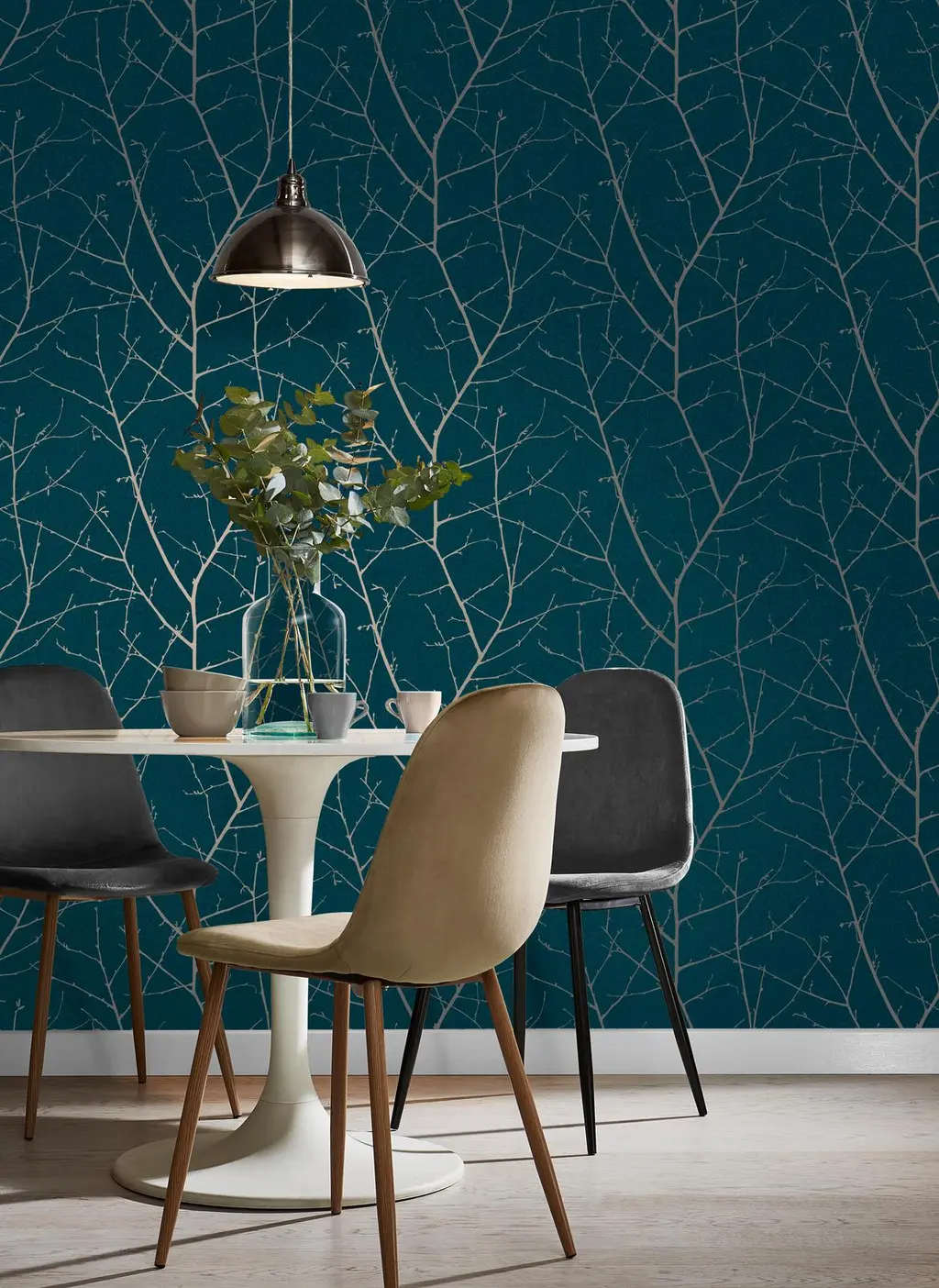 Roomset of Boreas Teal and Silver Wallpaper with dining table