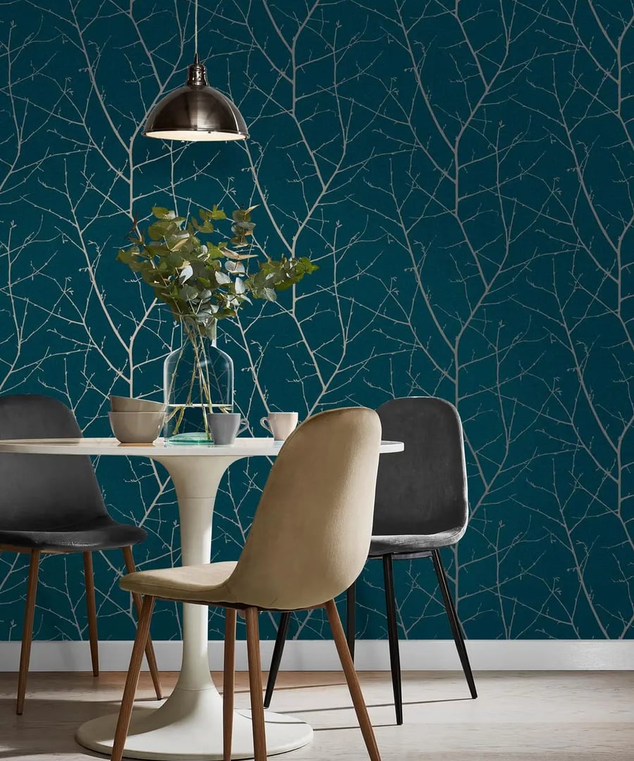 Roomset of Boreas Teal and Silver Wallpaper with dining table