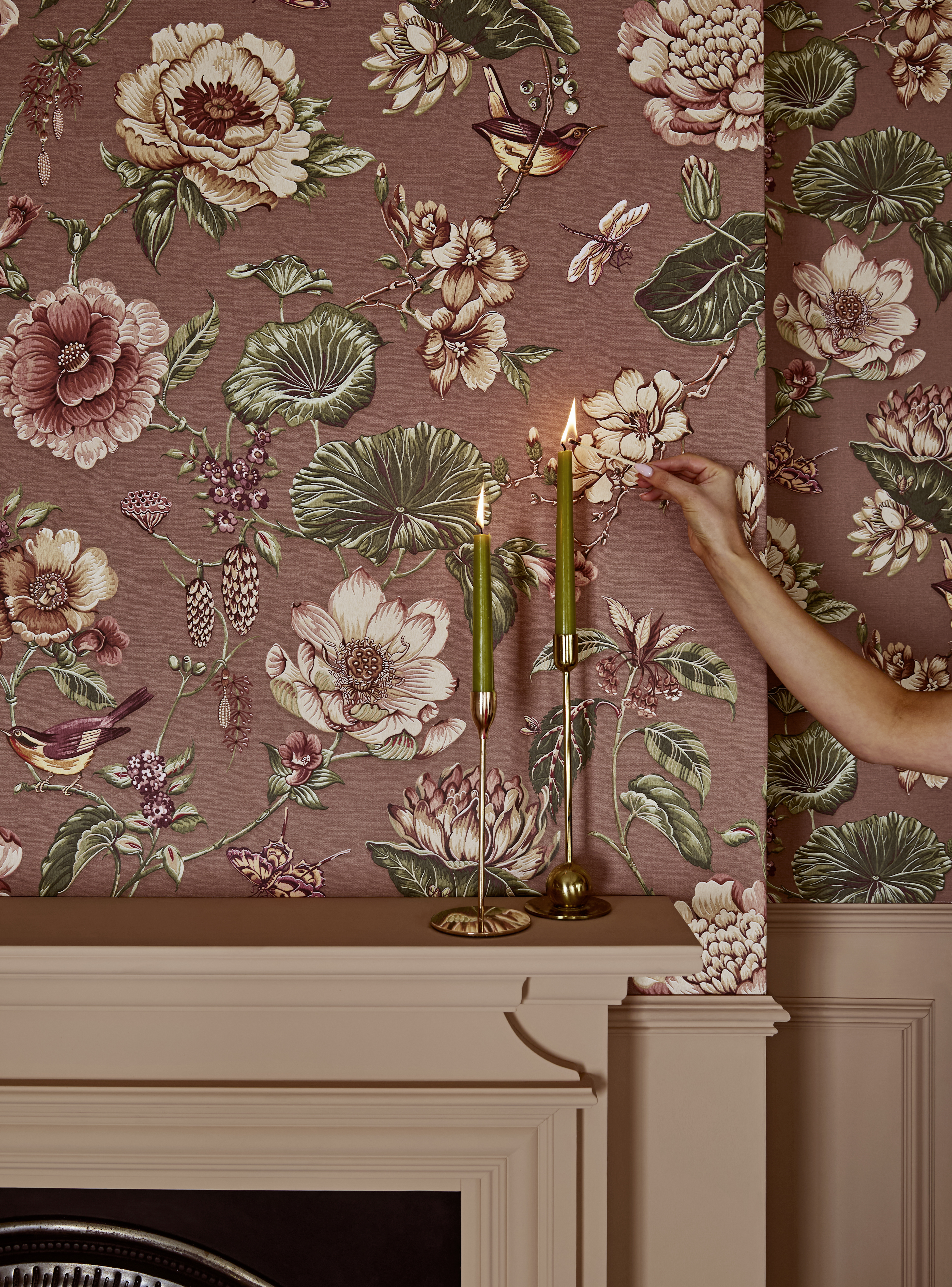Roselle Grove Wallpaper & Rose Earth Paint on a fireplace.